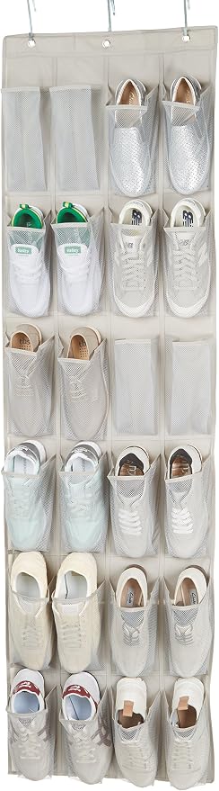 Amazon Basics 24 Medium Mesh Pocket Over-the-Door Hanging Shoe Organizer, Space Saving Shoe Storage, Light Grey | Over-the-Door