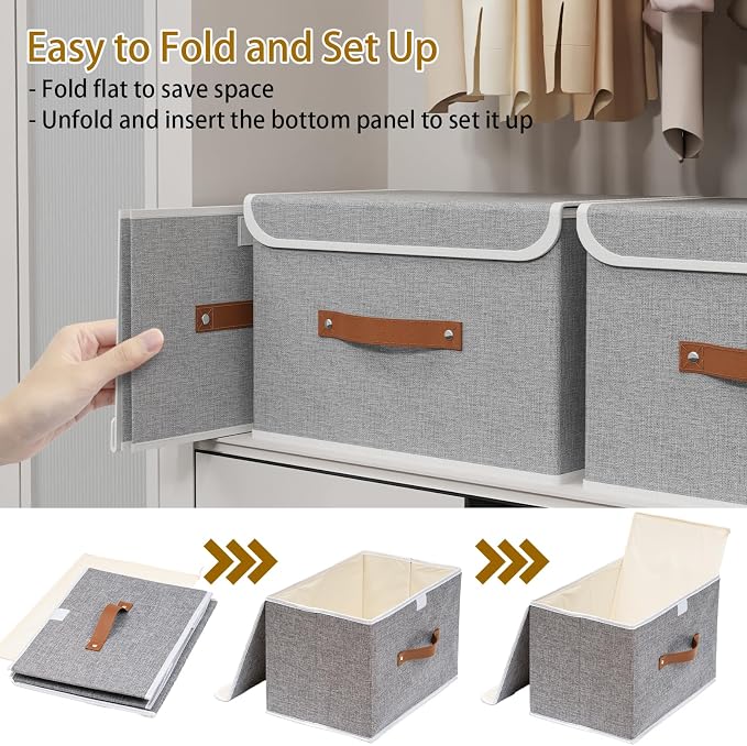 Yawinhe Storage Bins with Lids,Grey,17.7x11.8x11.8in,3-Pack | Fabric Container with Leather Handle,Washable Home Basket, Clothes Blanket Storage Boxes,Collapsible Closet Organizer