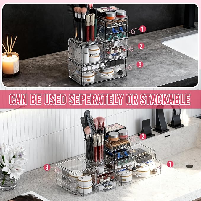 ShineMe Clear Makeup Organizer with 9 Drawers, 3 Tier Stackable Makeup Storage Organizer with Rotating Brush Holder, Acrylic Countertop Makeup Organizer for Vanity Skincare Jewelry Hair Accessories