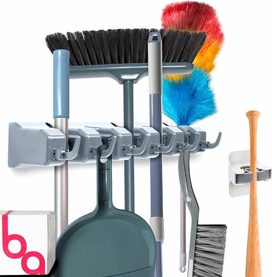 Combo 5 Slot Broom Holder w/ 1 Self Adhesive Mop Gripper No-Drilling, Wall Mount Tool Organizers For Kitchen, Garage, Laundry Room- Anti-Slip Hanger For Brooms, Mops, Rakes, Dustpans (Grey / White)