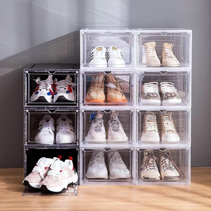 Attelite Clear Shoe Storage Boxes Stackable Shoe Organizer,Black,9Pack | Shoe Box for Entryway Closet,Drop Front Shoe Box X-Large,Thicken & Sturdy Plastic,Magnetic Door,Easy Assembly Shoe Cabinet