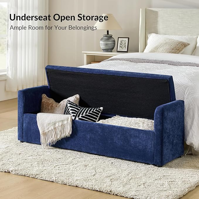 HULALA HOME 59" Storage Bench with 2 Throw Pillows & Armrests, Navy | Modern Long Bedroom Bench for End of Bed, Comfy Upholstered Fabric Footstool for Entryway Living Room