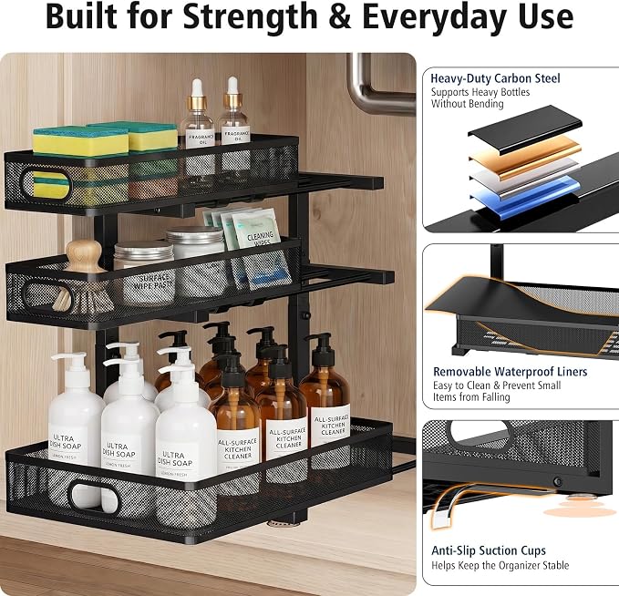 Under Sink Organizer, 3 Tier Pull Out Cabinet Organizer with 5 Adjustable Heights, Metal Under Sink Storage with Sliding Drawers for Kitchen, Bathroom, Pantry and Laundry Room, 2-Pack Black