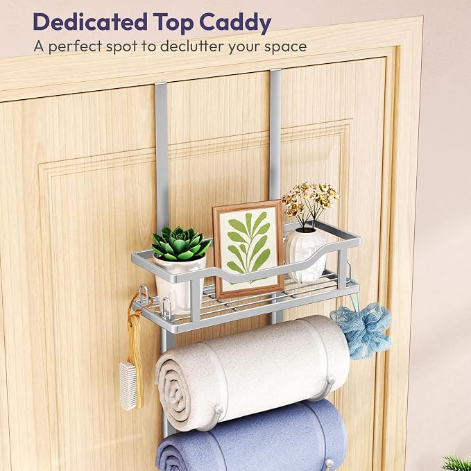 SWTYMIKI Over the Door Towel Rack - 6 Tier Towel Racks for Bathroom Wall Mounted, Towel Holder with Shelf, Hanging Rolled Towel Storage Organizer for Small Bathroom, Camper, RV, Sliver