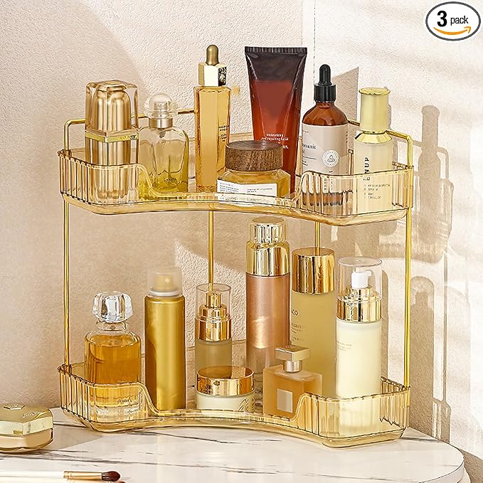 Aveniee Corner Bathroom Counter Organizer, Bathroom Countertop Shelf Makeup Organizer for Vanity Perfume Tray for Corner Storage (2 Tiers, Gold)