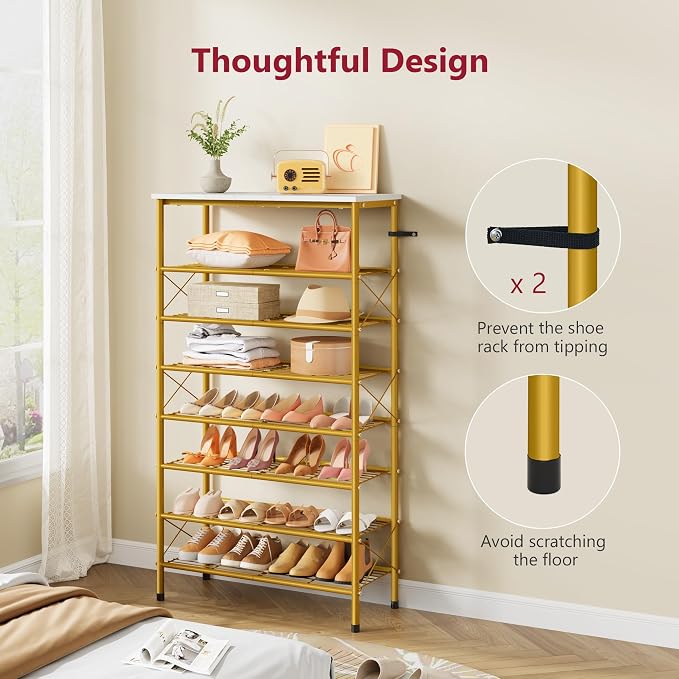 8 Tier Shoe Rack Organizer for 28-32 Pairs of Shoes, White & Gold | Sturdy & Durable, X Shape Fixed Frame, Metal Mesh Shoe Shelf, Industrial, For Closet, For Entryway Shoe Storage