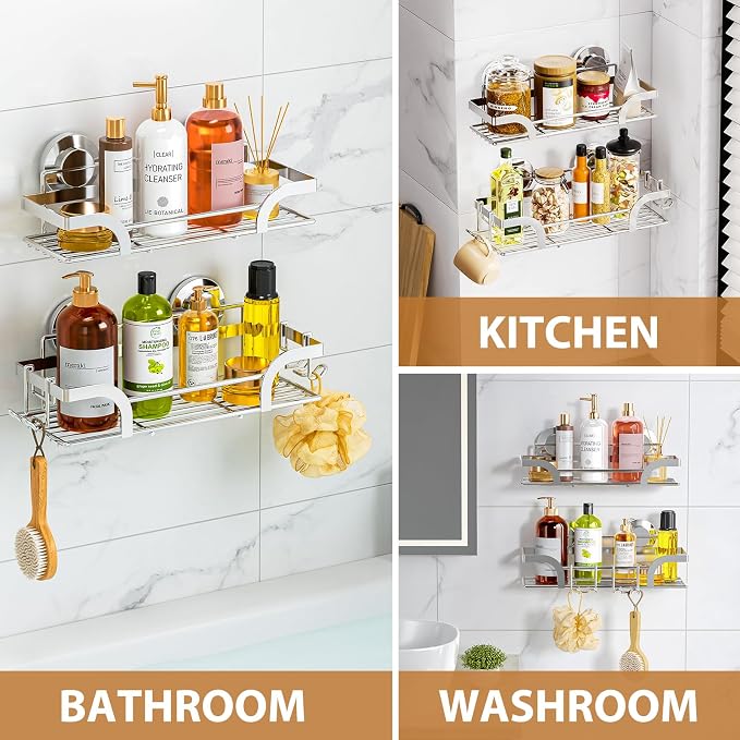 LEVERLOC Shower Caddy Suction Cup 2 Pack, Shower Shelf for Inside, Silver | Heavy Duty Bathroom Organizers, No Drill Shower Storage, Rustproof Metal Shower Basket, Shampoo Holder, Wall Shower Caddies