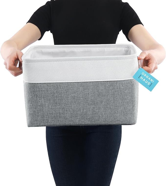 OrganiHaus 15x11in Canvas Storage Baskets 3 Pack - Fabric Bins for Shelves | Vegan leather handles; a decorative closet organizer for clothes, shoes, or toys; bedroom container