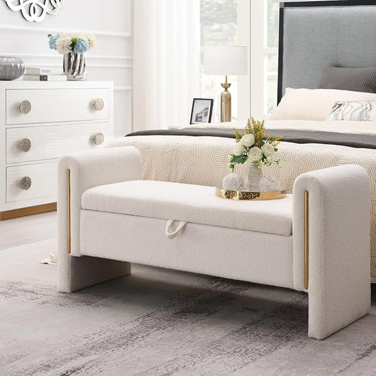 Christopher Knight Home Upholstered Storage Ottoman, Teddy Fabric Bench with Solid Wood Legs, Comfortable Foot Rest Stool, Storage Bench for Bedroom End of Bed, Living Room, Dining Room, White