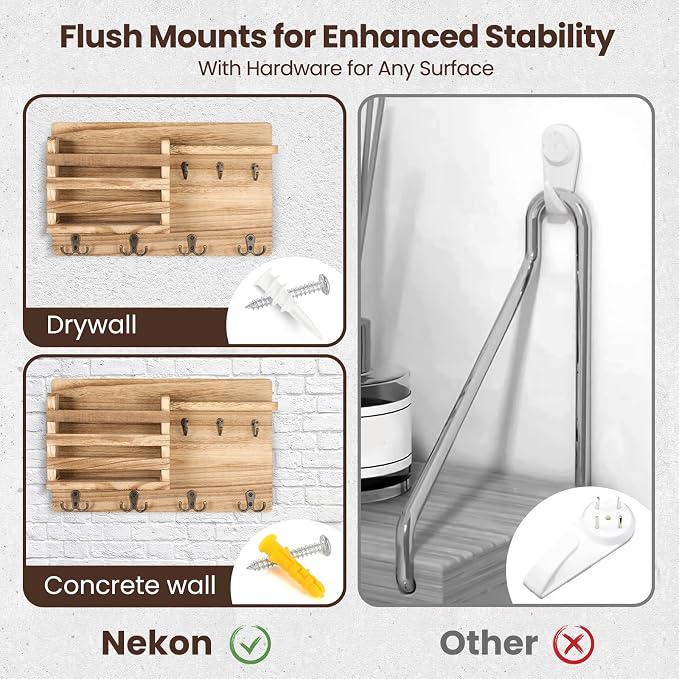 Nekon Mail Holder for Wall Mail Organizer with Key Hooks Hallway Farmhouse Decor Storage Racks with Floating Shelf and Flush Mount Hardware (16.8Inch x 10Inch x 3.2Inch) (Wood)
