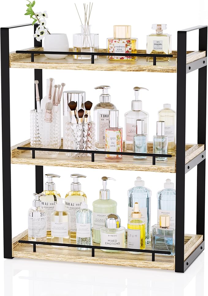 Bathroom Counter Organizer, 3 Tier Wood Countertop Shelf | for Vanity, Skincare, Makeup, Coffee Storage, Wood Shelves, Durable Metal Bracket, for Bathroom Sink, Kitchen (Rustic Brown)
