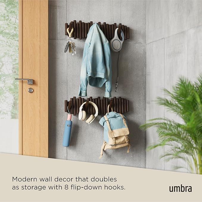 Umbra Picket Coat Rack, Wall Mount 8 Flip-Down Coat Hooks, Walnut | Beveled pine wood dowels, supports up to 5 lbs, mounting hardware included, space saving