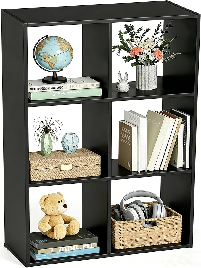 HealSmart 6 Cube Storage Organizer, 3 Tier Stackable Bookshelf, Open Cube Bookshelf with 3 Removable Back Panels, Suitable for Living Room, Bedroom, Home Office, 36" L X 11.6" W X 24" H, Black