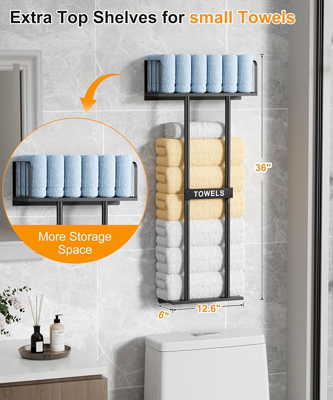 Towel Racks for Bathroom with Top Towel Shelf Hold 8 Large Rolled Towels, 36" Wall Mounted Bathroom Towel Storage Organizer for Small Bathroom, Camper, Rv (Black)