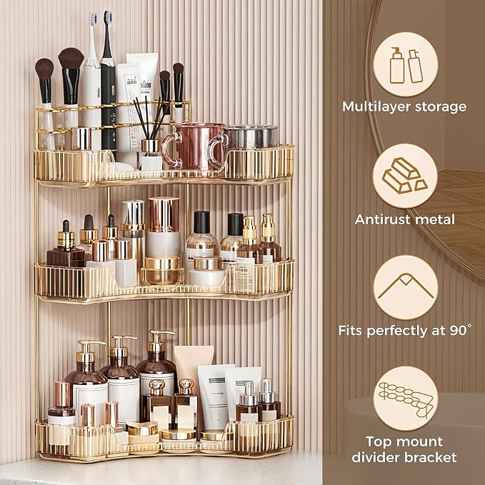 BEFSOP Corner Bathroom Counter Organizer, Upgraded 3-Tier Makeup Organizer Countertop with Makeup Brush Holder, Skincare Exquisite Vanity Organizers Countertop Bathroom Storage Dresser(GOLD)