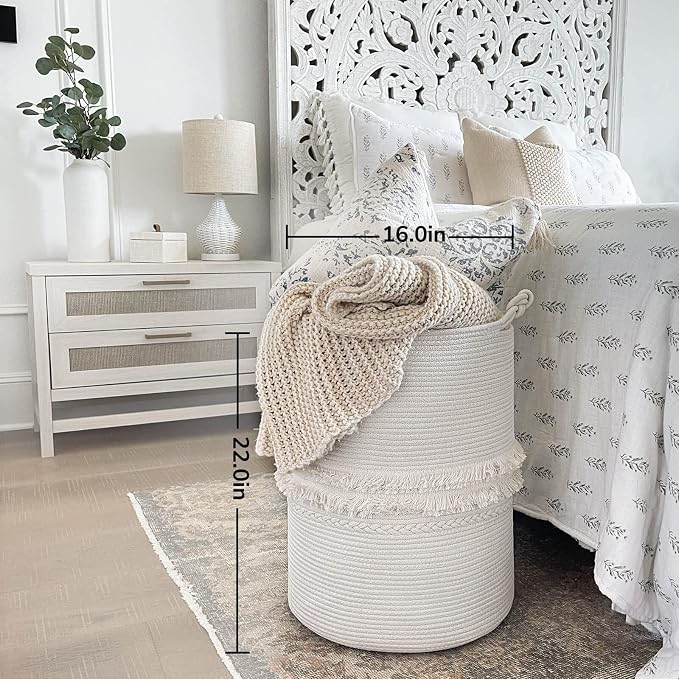 CherryNow 70L Woven Rope Laundry Basket with Tassel, 16" x 22", White | Tall Storage Basket for Blankets, Clothes & Towels, Fits Living Room Décor, Decorative Laundry Hamper with Knotted Handles