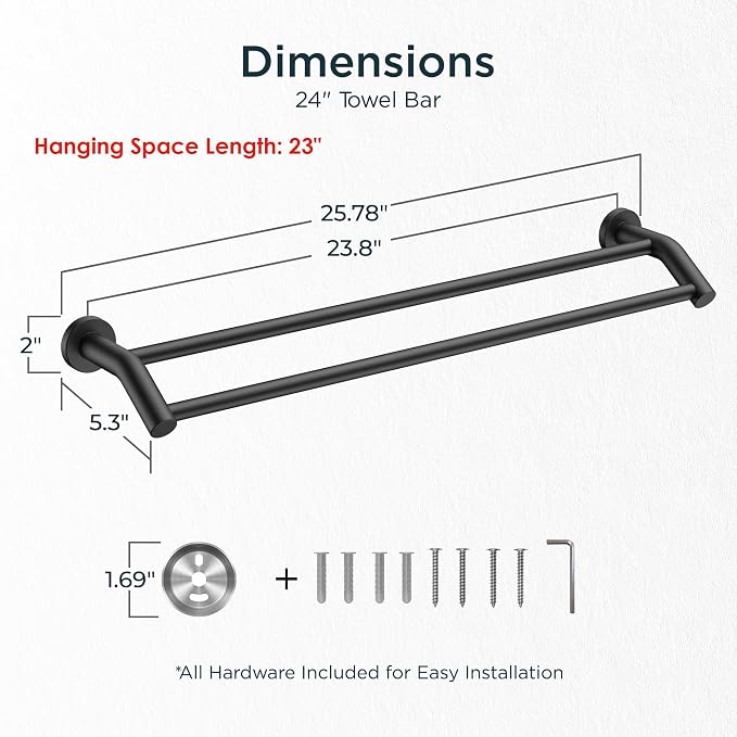 FORIOUS Double Towel Bar 24", Bathroom Towel Holder Rod Wall Mounted Black | Heavy Duty Towel Racks for Bathroom Bedroom, Space Saving, Rustproof, Stainless Steel Towel Holder, Total Length 26 Inch