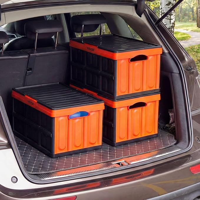 VEVOR Plastic Collapsible Storage Bins with Lids, 45L 3Packs, Stackable Folding Storage Crates with Handles, Holds 44 lbs Per Bin, Heavy Duty Containers, Space-Saving Baskets, for Home Organizing