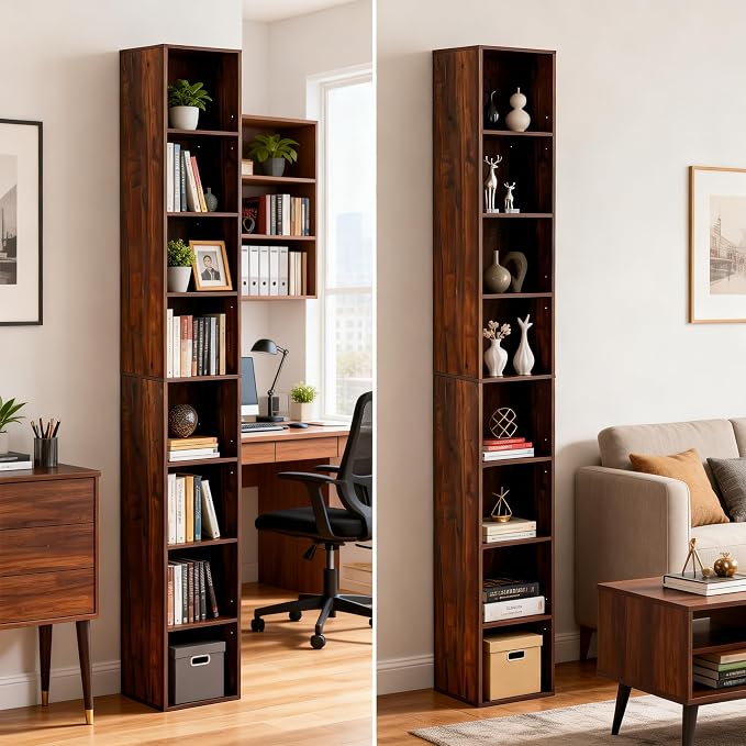 8-Cube Storage Organizer Bookcase, Tall Narrow Bookshelf for Home Office (Dark Brown)