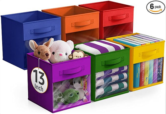 Sorbus 13 Inch Storage Bins with Clear Window - 6 Foldable Baskets for Organizing Clothes, Toys, Books - Sturdy Collapsible Fabric Storage Cubes with Handle - Storage Baskets for Shelves, Closets