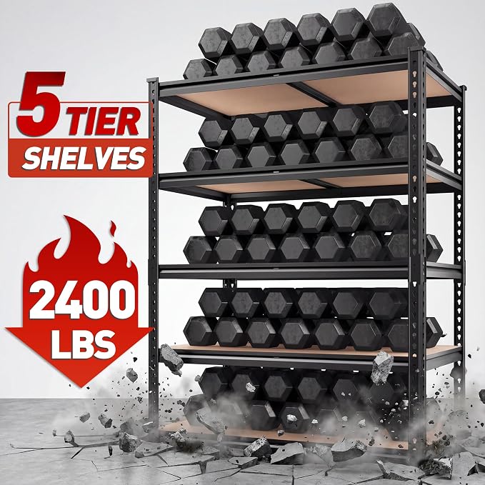REIBII 2400LBS Storage Shelves 5 Tier Garage Shelving Heavy Duty, Adjustable Metal Shelving, Garage Shelves for Basement, Warehouse, Pantry, Closet, Kitchen 72" H x 36" W x 16" D, Black, 4 Pack