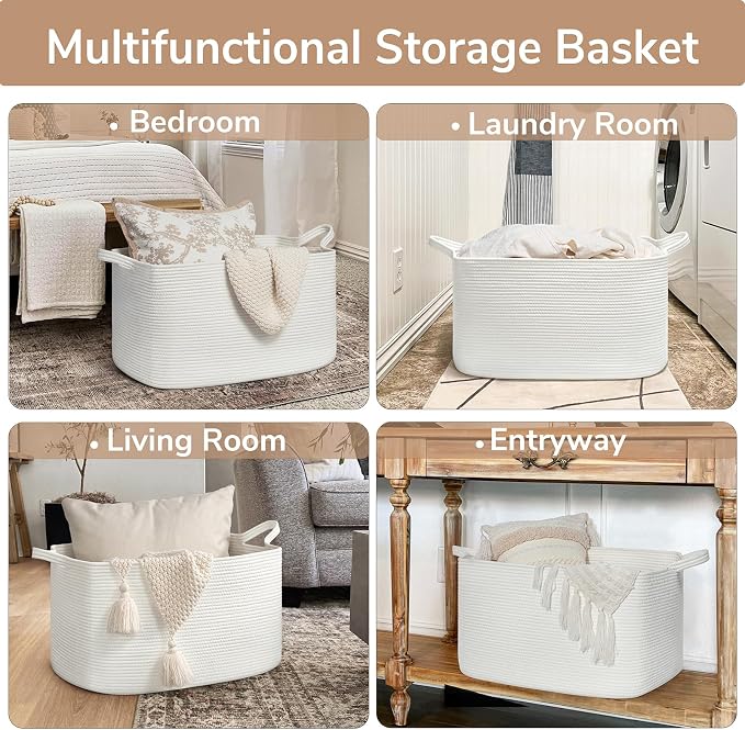 Goodpick Large Cotton Rope Blanket Basket, Rectangle, White | 21.6 x 14.9 x 11.8 in, Reinforced Handles, Living Room, Bedroom & Nursery Organization, Blankets, Toys & Bedding Storage