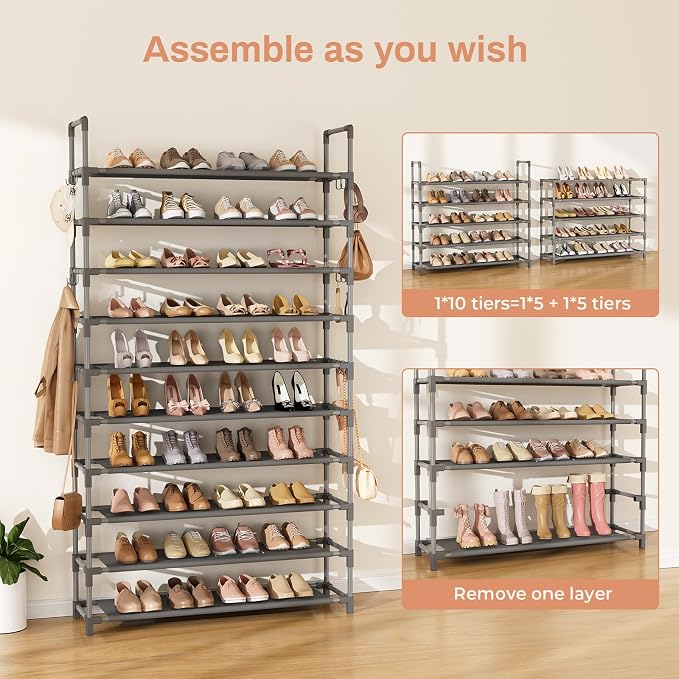 LANTEFUL Tall Shoe Rack 10 Tier Shoe Organizer Large Shoe Shelf with 18 Hooks Storage for 50 Pair Sneaker and Boot, Stackable Vertical Shoe Rack Organizer for Closet, Entryway, Bedroom, Grey