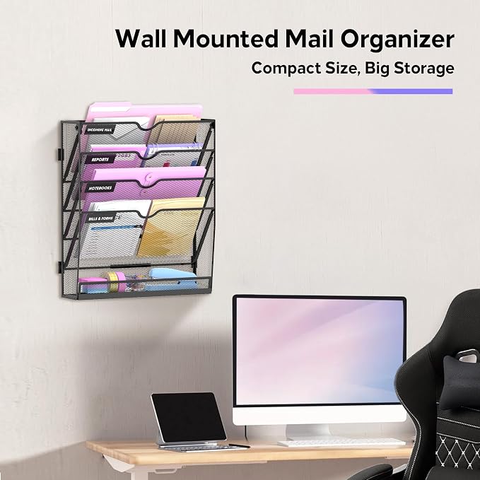 5-Tier Wall File Organizer with Base, Wall Mounted File Holder | Vertical Hanging File Organizer with Open Compartments and Label Holders for Mail, Folders and Paperwork at Home or Work