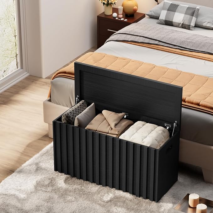 Storage Bench,39.4" Wood Box, Storage Trunk with 2 Safety Hinges, Ottoman Storage Chest, Fluted Storage Bench for Bedroom, Entryway, Living Room(Black)