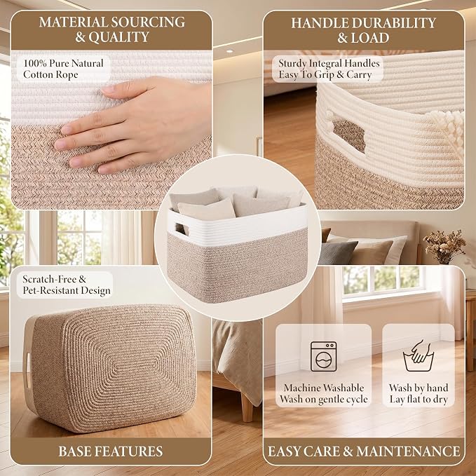 96L XL Large Cotton Rope Basket, Soft Toy Storage Bin for Nursery & Living Room, Decorative Blanket Basket for Bedroom, Baby-Safe Organizer for Pillows &Laundry, 24''×16''×15'', Brown & White