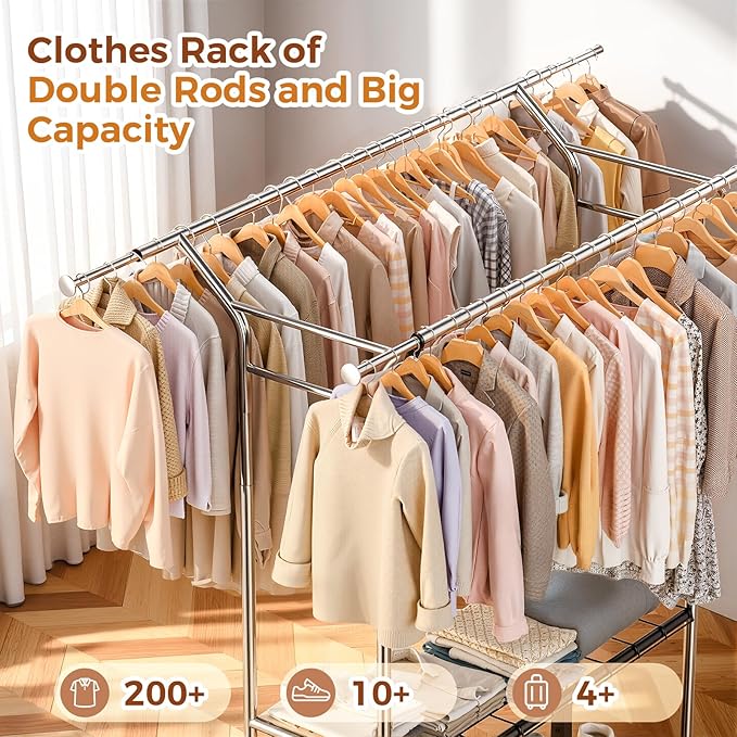 Luxspire Double Rod Clothing Racks for Hanging Clothes Load 650 LBS, Silver | Zinc-iron alloy frame, 2-tier sturdy shelves, lockable silent wheels, adjustable extendable rods for bedroom & laundry room