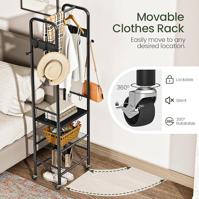 Coat Rack, Freestanding Coat Rack with 3 Shelves, Rolling Garment Rack with Wheels and Hooks, Coat Hanger Stand, Clothes Rack, Hanging Rod, for Entryway, Bedroom, Living Room, Black TYM17BB
