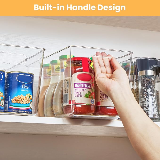 YIHONG Clear Plastic Storage Bins, 8 Pack Pantry Organizer Bins with Handle for Kitchen, Freezer,Cabinet,Closet Organization and Storage(XL)