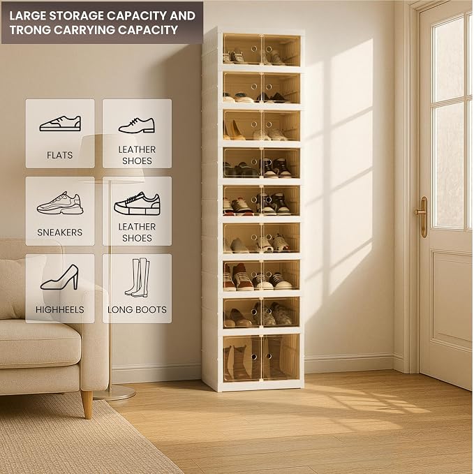 Foldable Shoe Organizer Storage Box Set of 6, Portable Extra Large Folding Shoe Rack for Closet, Shoe Storage Box with Magnetic Transparent Door and Wheels, 9 Layers 18 Grids with 2 Big Grids
