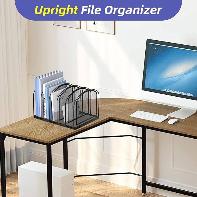 SUPEASY 5-Section File Organizer for Desk, Metal File Folder Holder, Black | 5 Vertical Compartments with Sturdy Metal Base for Office Documents Books Magazines and Laptop