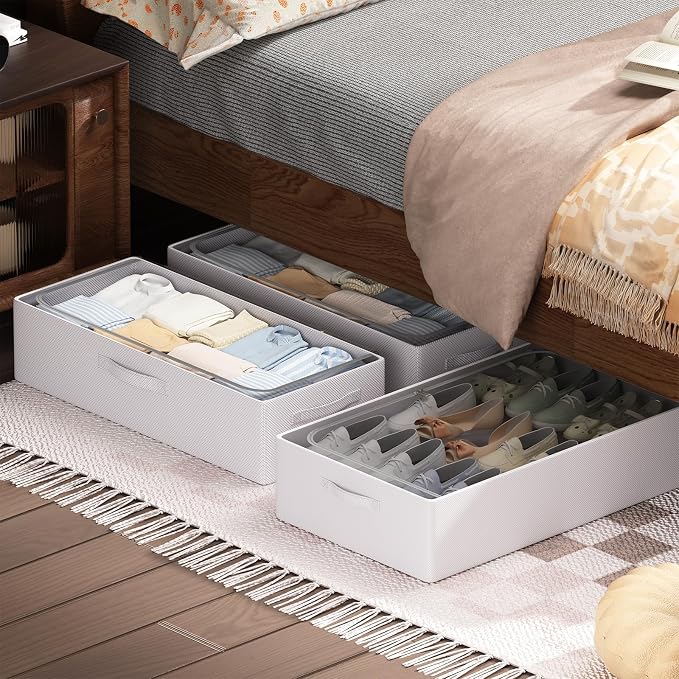 CYhom 3Pcs Under Bed Storage Bins with Metal Frame - Shoe Organizer for Closet with Clear Cover Oxford Fabric Sturdy Underbed Container Foldable Stackable Clothes Organizer (Grey, 23.5x11.8x6.3)