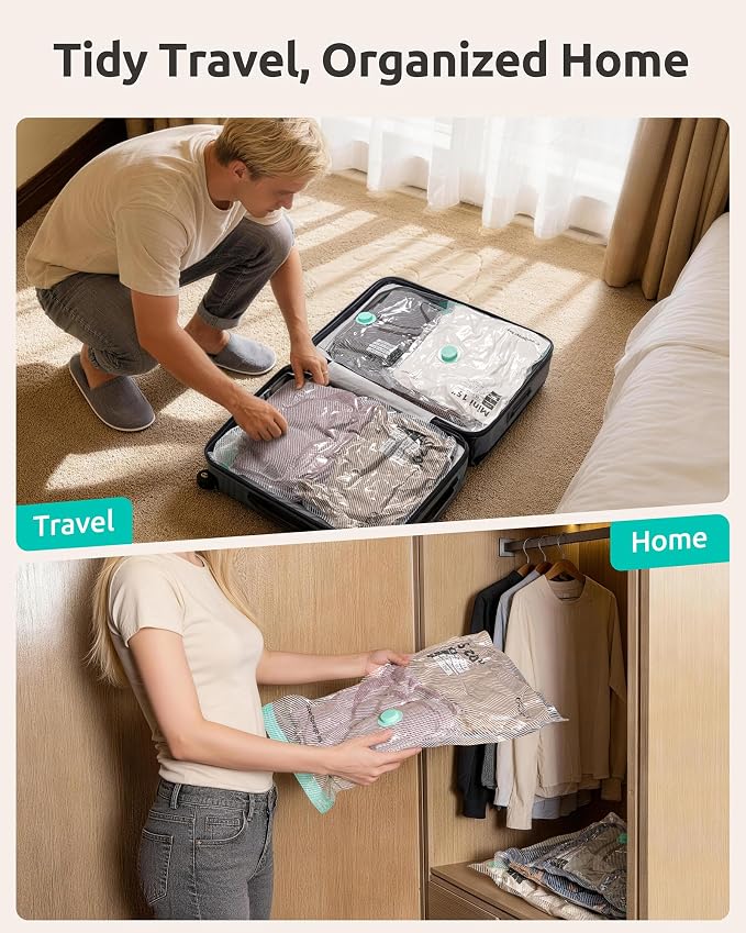 Travel Vacuum Bags with Electric Pump, Clothes & Blankets Storage, 8 Pack | 4 Sizes, Compression Packing Seal Bag for Luggage & Suitcase, Extra-Thick 3.5 Mil Reusable, Cruise Ship Vacation Space Saver