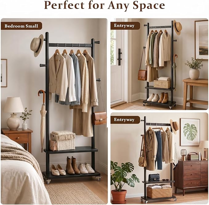Taitiy Solid Wood Coat Rack Freestanding with Wheels 5 Hooks 2 Shelves