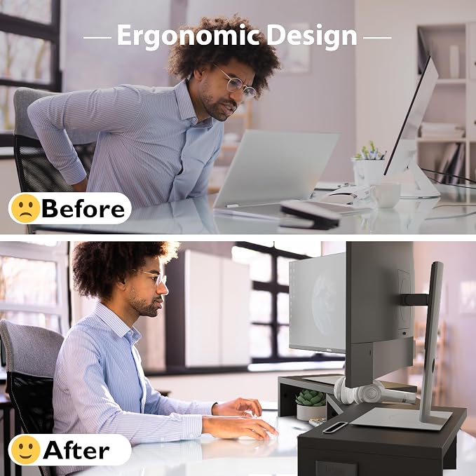 BONTEC Dual Monitor Stand Riser, Adjustable Length & Swivel Angle, Black | Ergonomic Wooden Desktop Organizer with Smartphone Holder, Computer Monitor Stand for PC, Laptop, Printer and Large Storage