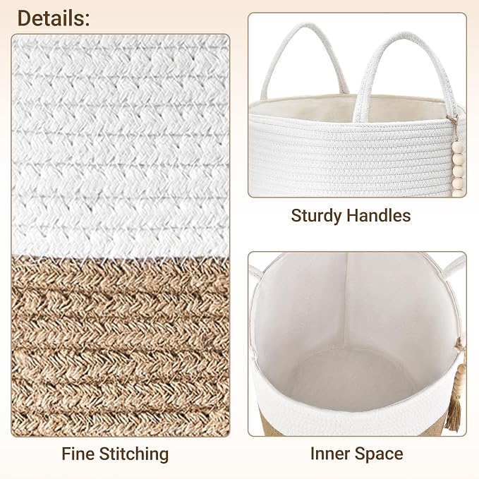 Mkono Woven Storage Basket for Blanket, Toys Plant Organizer, 16"W x 13.8"L | Cream White and Brown, Decorative Basket with Handle, Wood Beads Tassel, Shoes Towel Storage Bin, Living Room Bedroom Nursery