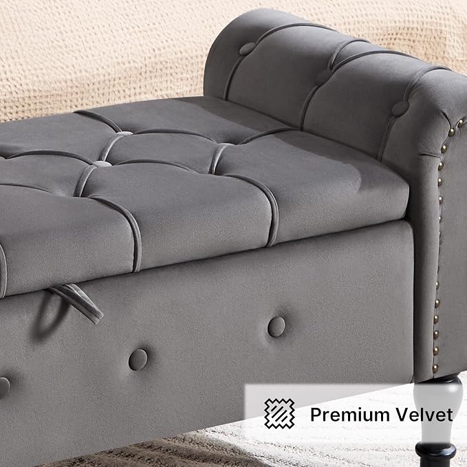 Storage Bench 51" Velvet End of Bed Benches Dark Grey | Queen Size Storage Bench for Bedroom with Rolled Arms Tufted Ottoman Benches Upholstered Bench for Living Room Entryway