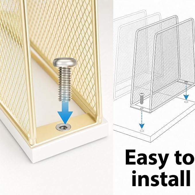 5-Section Vertical File Organizer for Desk, Gold | Sturdy Wood Base, Metal Mesh, Desktop File Holder, Upright Paper Folder Sorter