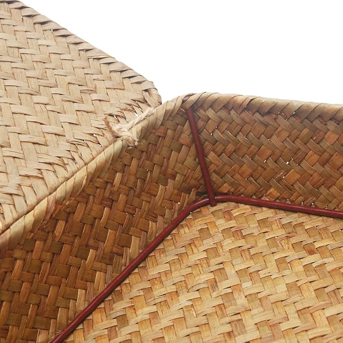 Seagrass Storage Baskets with Lids, Flat Wicker Basket, Shallow Woven Basket for Shelf, Decorative Storage Boxes for Organizing (Natural)