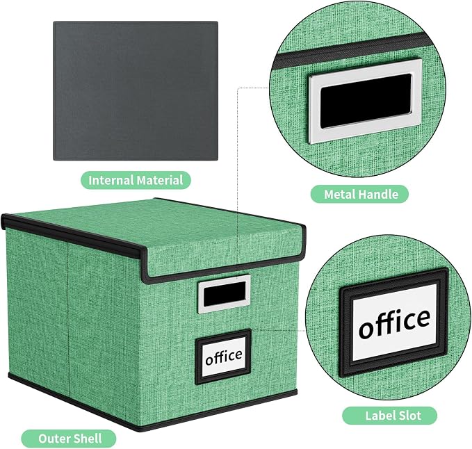 File Organizer Box with Lids, Collapsible File Folder Organizer | File Box with Plastic Slides for Document, Filing Bin for Letter Size Hanging File Folders (1 Pack, Light Green)
