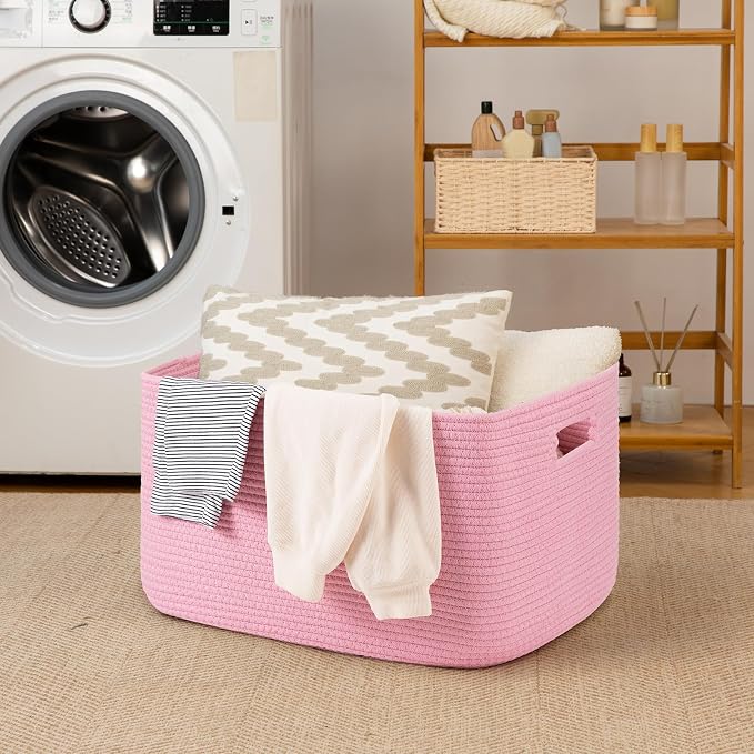 OIAHOMY 75L Blanket Basket, Woven Cotton Rope Basket for Organizing 22”x17”x12”, Used for Living Room, Bedroom, Nursery, Pink