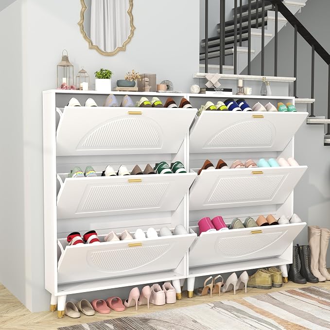 White Shoe Cabinet Storage for Entryway: Modern Hidden Shoe Storage Cabinet, Shoes Rack with 6 Flip Drawers, Wood Small Organizer with Doors (2 Pieces, 32")