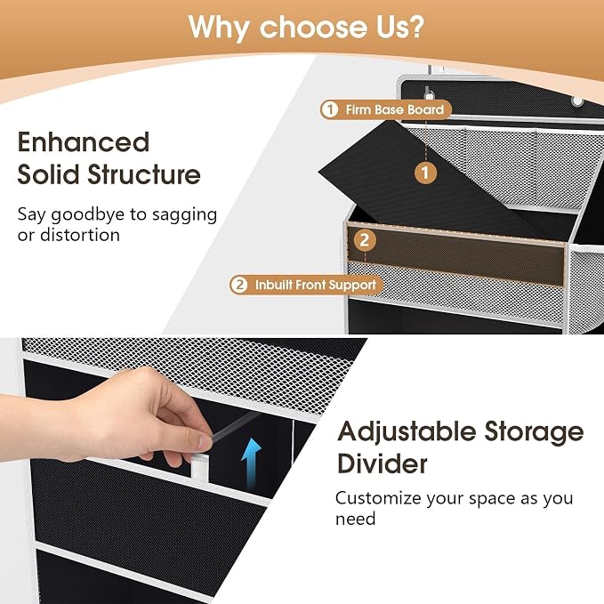WISELIFE 5-Tier Over the Door Organizer for Nursery Hanging, Black | Multi-Pocket Back of Door Baby Organizer for Diapers, Clothes & Nursery Essentials, Heavy-Duty Large Capacity, 50 Lb Capacity