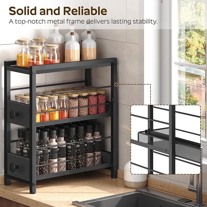 Spice Rack, 3-Tier Pull Out Spice Rack Organizer for Countertop, Narrow Kitchen Countertop Storage Shelf with 2 Drawers, for Kitchen, Cafe, Black SR02BB