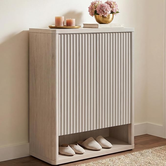 SICOTAS Shoe Cabinet 44 inch Tall Fluted Shoe Cabinet with Doors & 4 Shelves Wooden Large Hidden Shoe Storage Organizer Modern Free Standing 6-Tier Cabinet for Entryway Living Room Closet