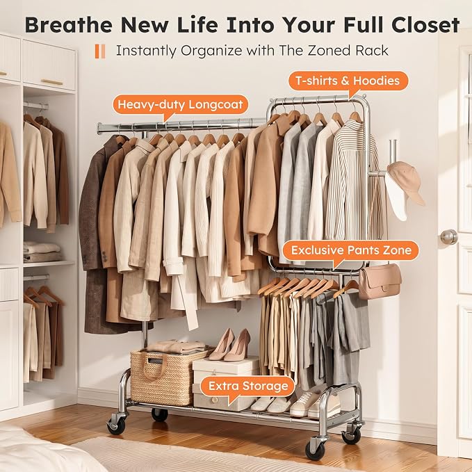 SOLEDI Heavy Duty Partitioned Clothes Rack, 600 LBS Load Metal Garment Rack with Shelves & Lockable Wheels, Rolling Hanging Rack for Bedroom, Laundry Room, Store & Garage (Silver)